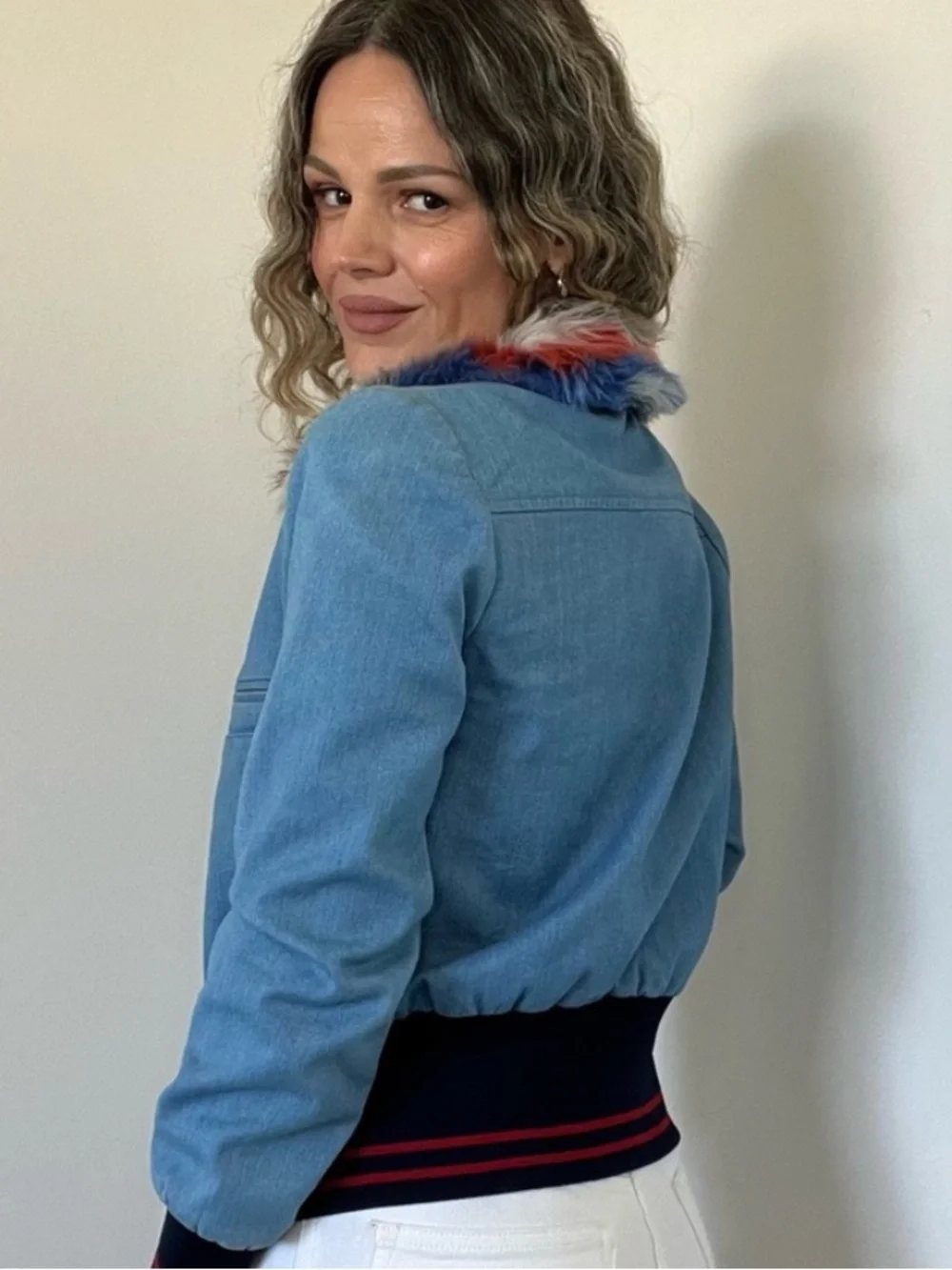 Harvey Faircloth designer denim bomber Jean jacket faux fur collar size XS - Picture 4 of 16
